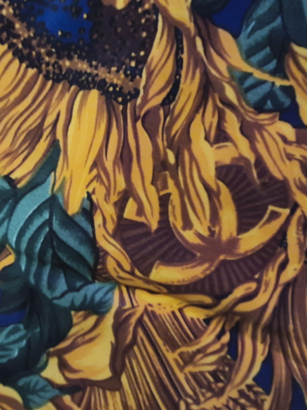 CHANEL Navy Silk Scarf with Yellow Sunflower And Wheat Motif - Picture 9 of 10